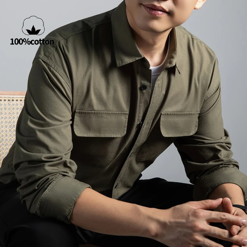 

100% Cotton, Men's Workwear Style Breathable, Sweat-wicking Long-sleeve Shirt with Chest Pocket Design.Casual Daily Shirt.