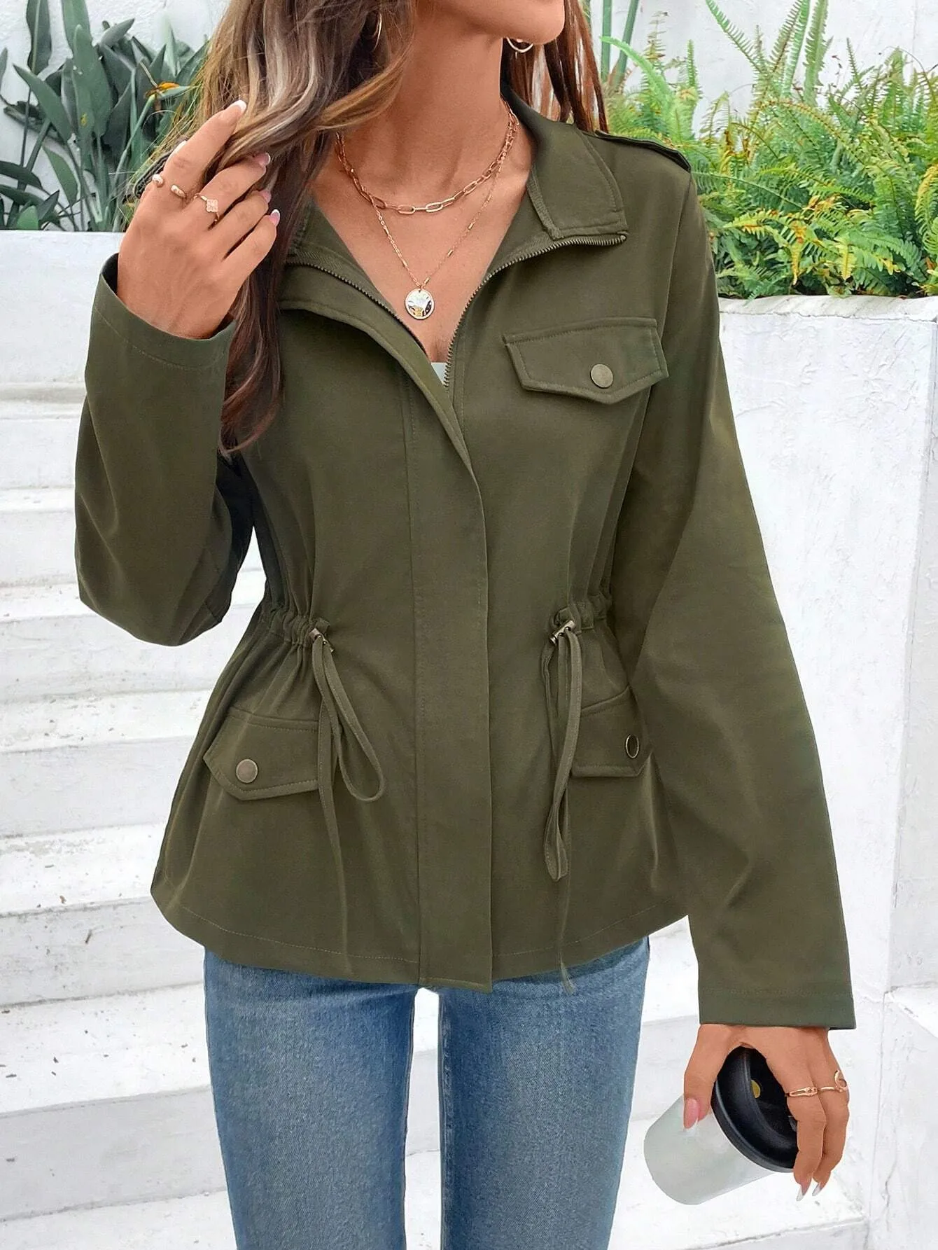 Women Drawstring Waist Utility Jacket Stand Lapel Collar Long Sleeve Multi‑Pocket Zip‑Up Casual Outerwear