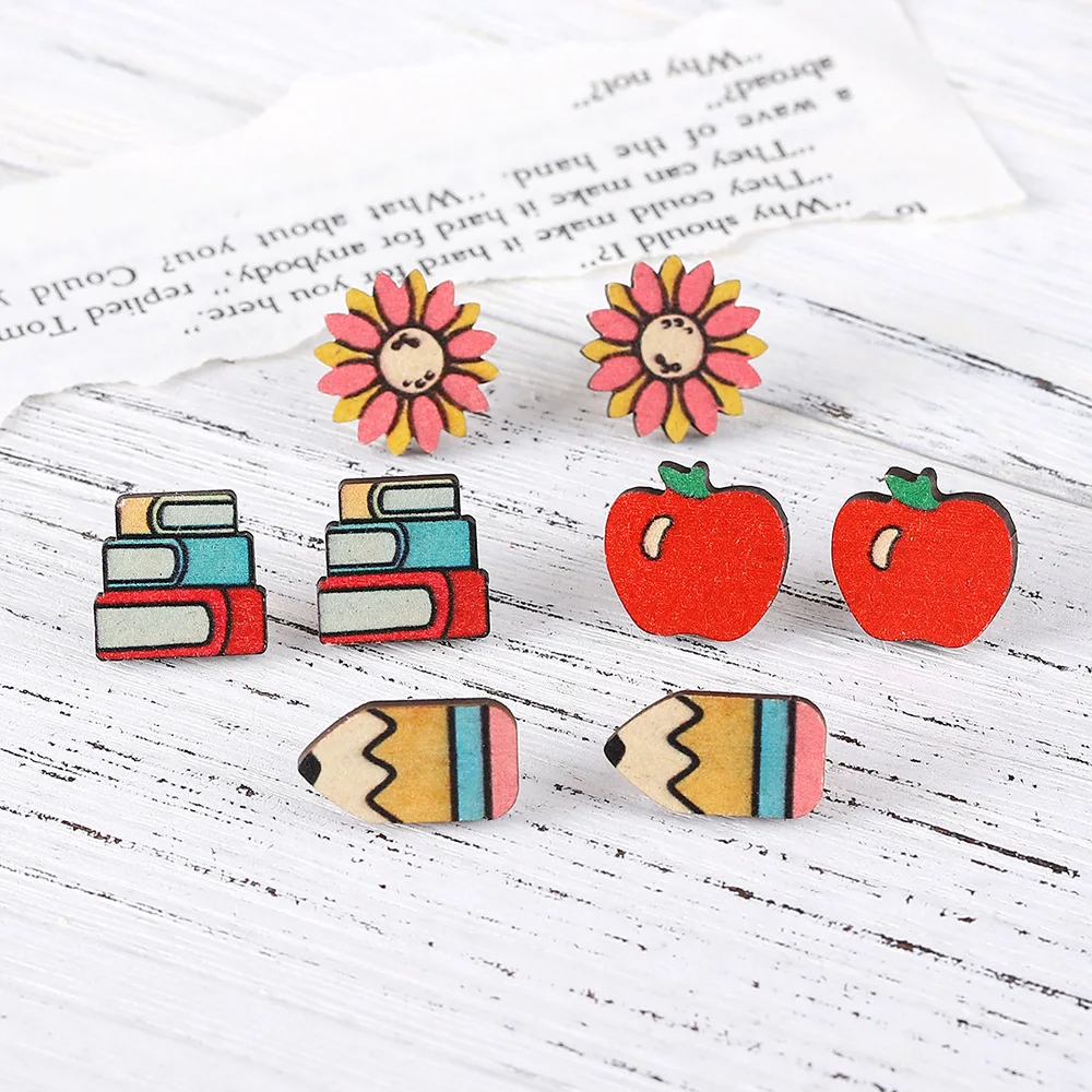 Wholesale Jewelry for Resale 2026 New Inspired Design Teacher's Day Teach Back to School Wooden Stud Earrings for Women Trend