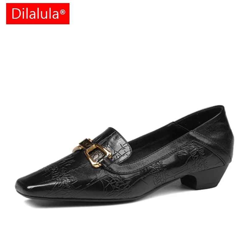 

Dilalula 2026 Newest Genuine Leather Loafers Women Metal Dec Low Thick Heels Autumn Pumps Office Lady Red Shoes Female Casual