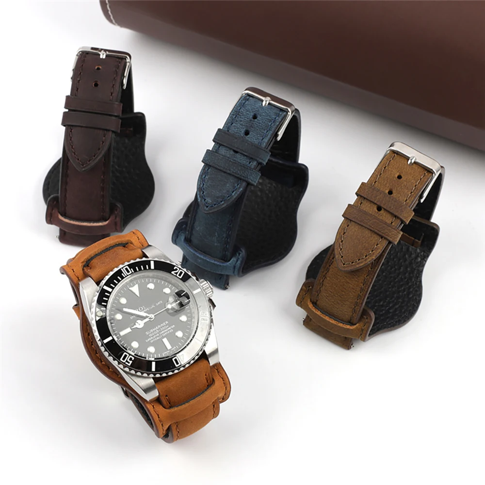 Crazy Horse Leather Bund Strap 18mm 19mm 20mm 21mm 22mm Coffee Retro Cuff Watch Straps Men Wristband with Mat Watchband Bracelet
