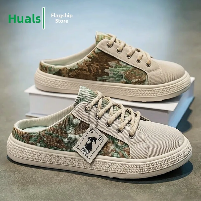 Unisex Canvas Slip-On Shoes Lightweight Breathable Low-Top Work Sports Sneakers Korean Style round Toe Thick Bottom Rubber Sole