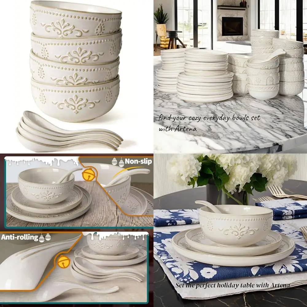 

"Set of 4 Embossed Ceramic Soup and Cereal Bowls with Soup Spoons for Pho, Ramen, Breakfast, Rice, Salad, and More"