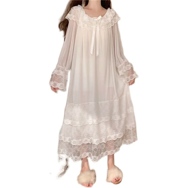 Women's Ultra Soft Lace Sleepwear Long Sve Princ Sle Nightgown for Women Home Sweet Home Spring Summer White Net Gown 5