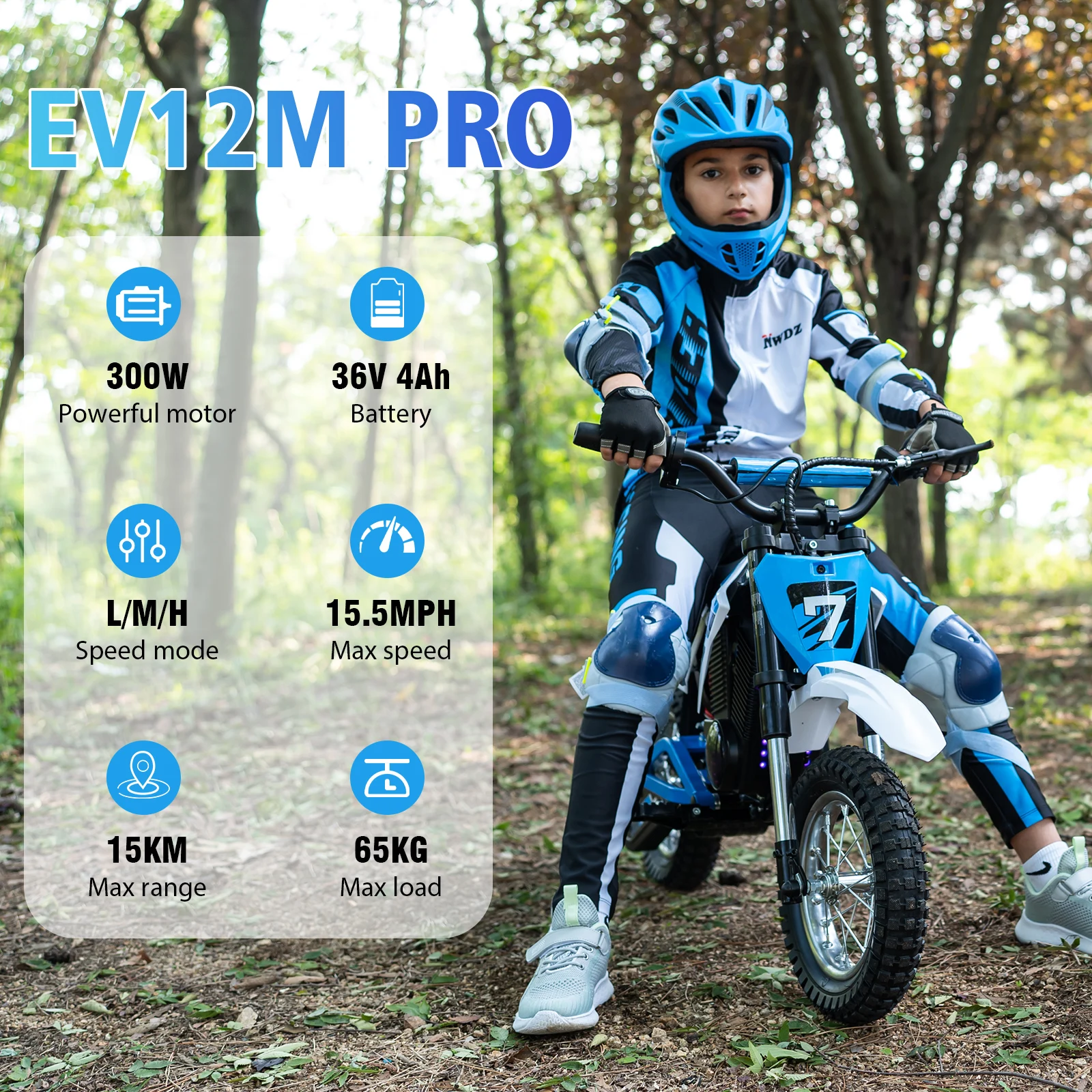 دراجة نارية كهربائية للأطفال ، EVERCROSS ، EVTECH 12M Pro ، من 25 كم/ساعة ، 15 كم/ساعة ، عمر البطارية ، بلوتوث ومضاءة ليد ، 12 في الإطارات