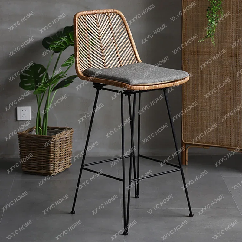 

Japanese Rattan Bar Chairs Kitchen Furniture High Bar Stool Wrought Iron Chair Home Retro Leisure Creative Hotel Chair