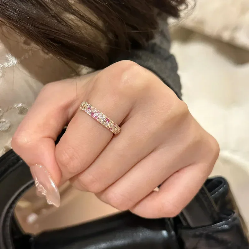 New in Rose-golden Sweet Style High quality ring gradient peach pink white crystal beads rings for women Light luxury jewelry