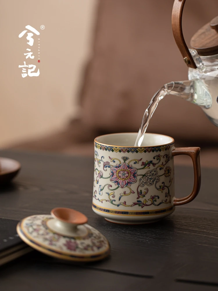 Interlock Branch Ru Ware Ceramic Water Cup with Lid Chinese Tea High-End Office Personal Dedicated