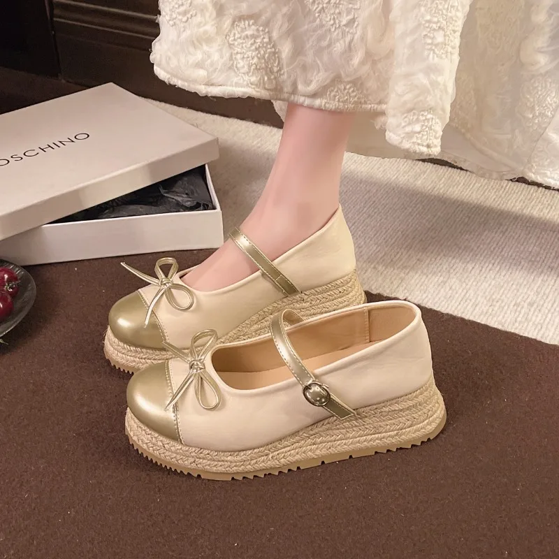 

Women's Microfiber Leather Round Toe Metal Buckle Mary Jane Hemp Thick Soles Platform Flats female Casual Espadrilles Shoes