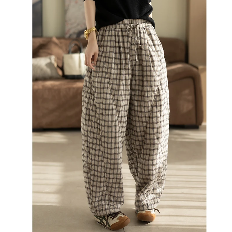 2025 nouveauté hiver mode femmes Arts Style cheville longueur pantalon décontracté ample coton taille élastique Plaid sarouel K112