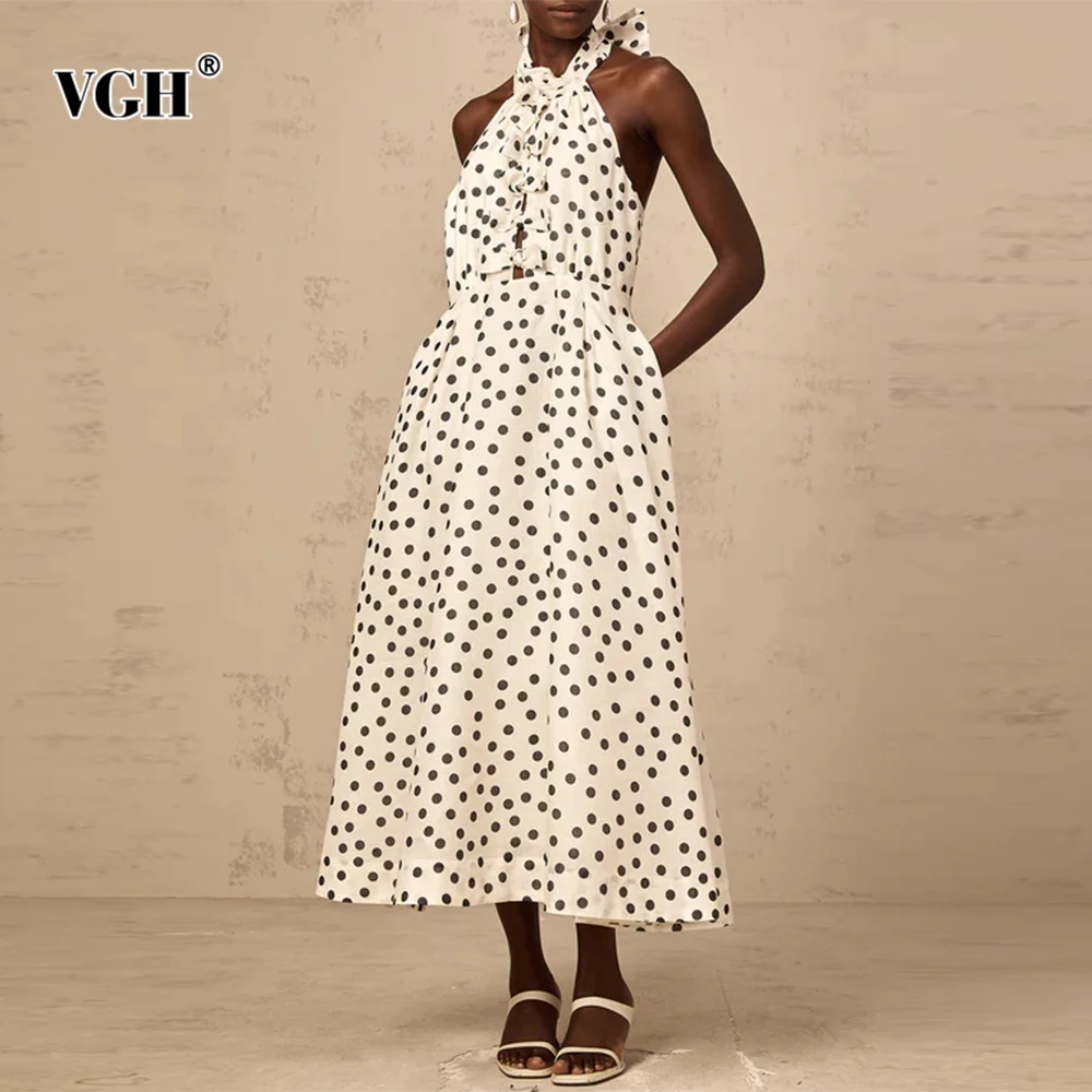 

VGH Cute Printing Hollow Out Spliced Bowknot Dresses For Women Turtleneck Sleeveless High Waist Elegant Dress Female Fashion New