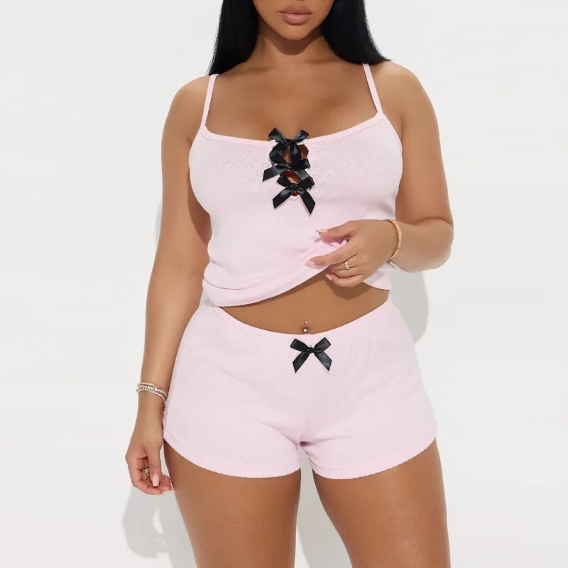 

Women's Summer Jacquard Sleeveless Pajama Set European American Style Sexy Spaghetti Strap Shorts 2PCS Loungewear