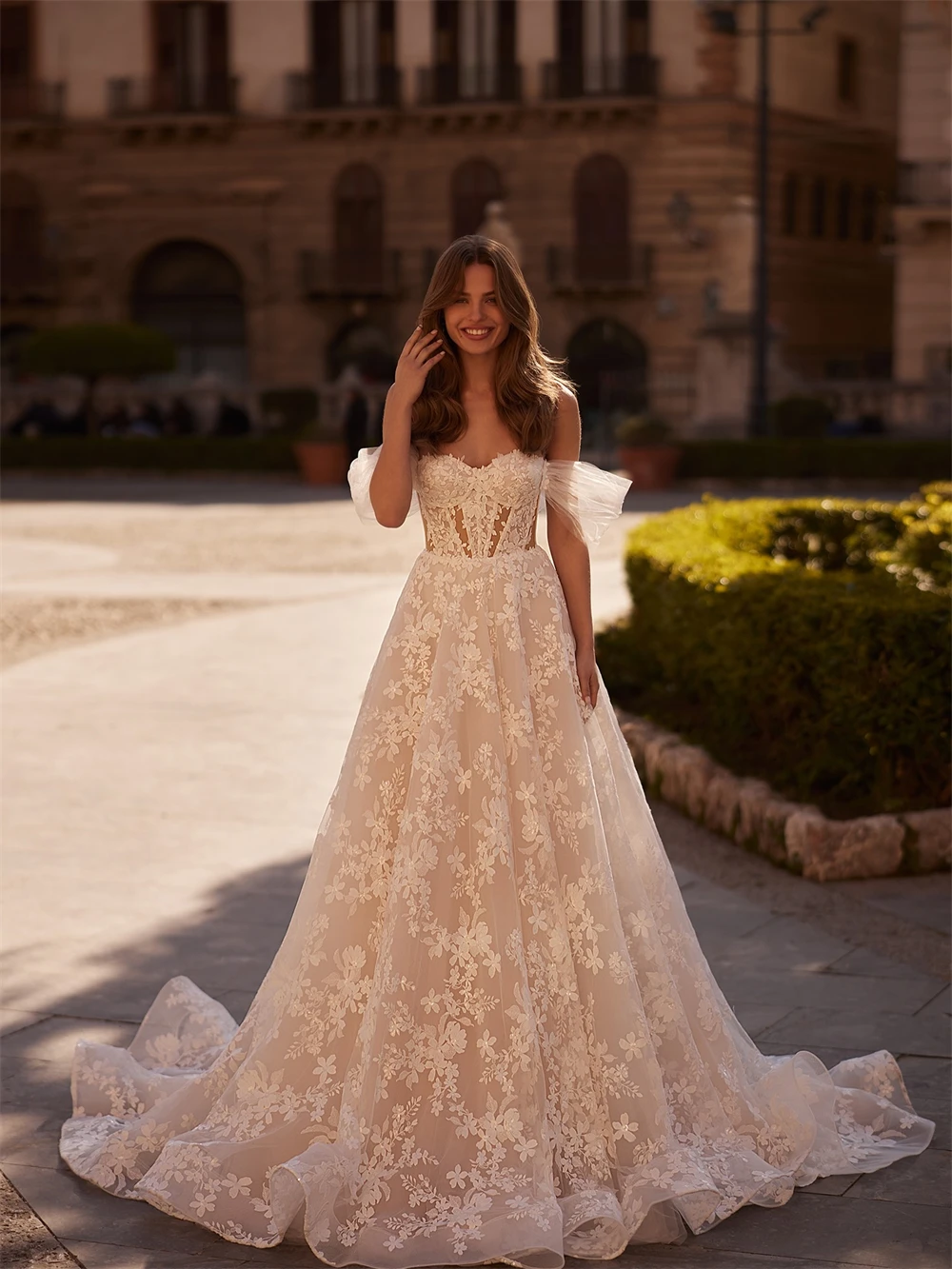 Vestido de novia de Organza de marfil suave personalizado, vestidos de novia bohemios con escote en forma de corazón y hombros descubiertos, bata de novia suave con corte en A