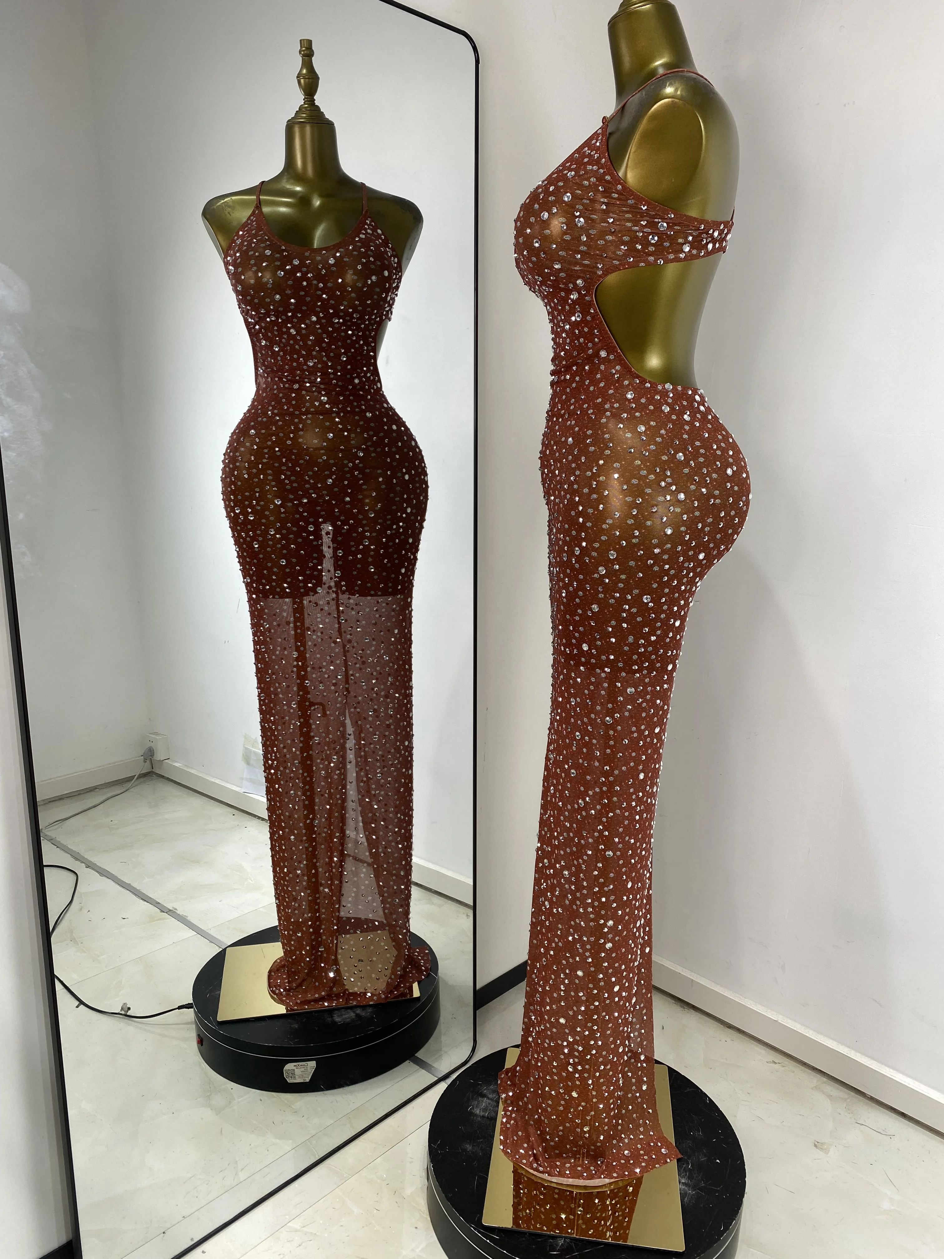 Women Luxury Brown Printed Rhinestones Cut Out See Through Maxi Long Dress Sexy Birthday Celebrity Evening Club Party Dresses