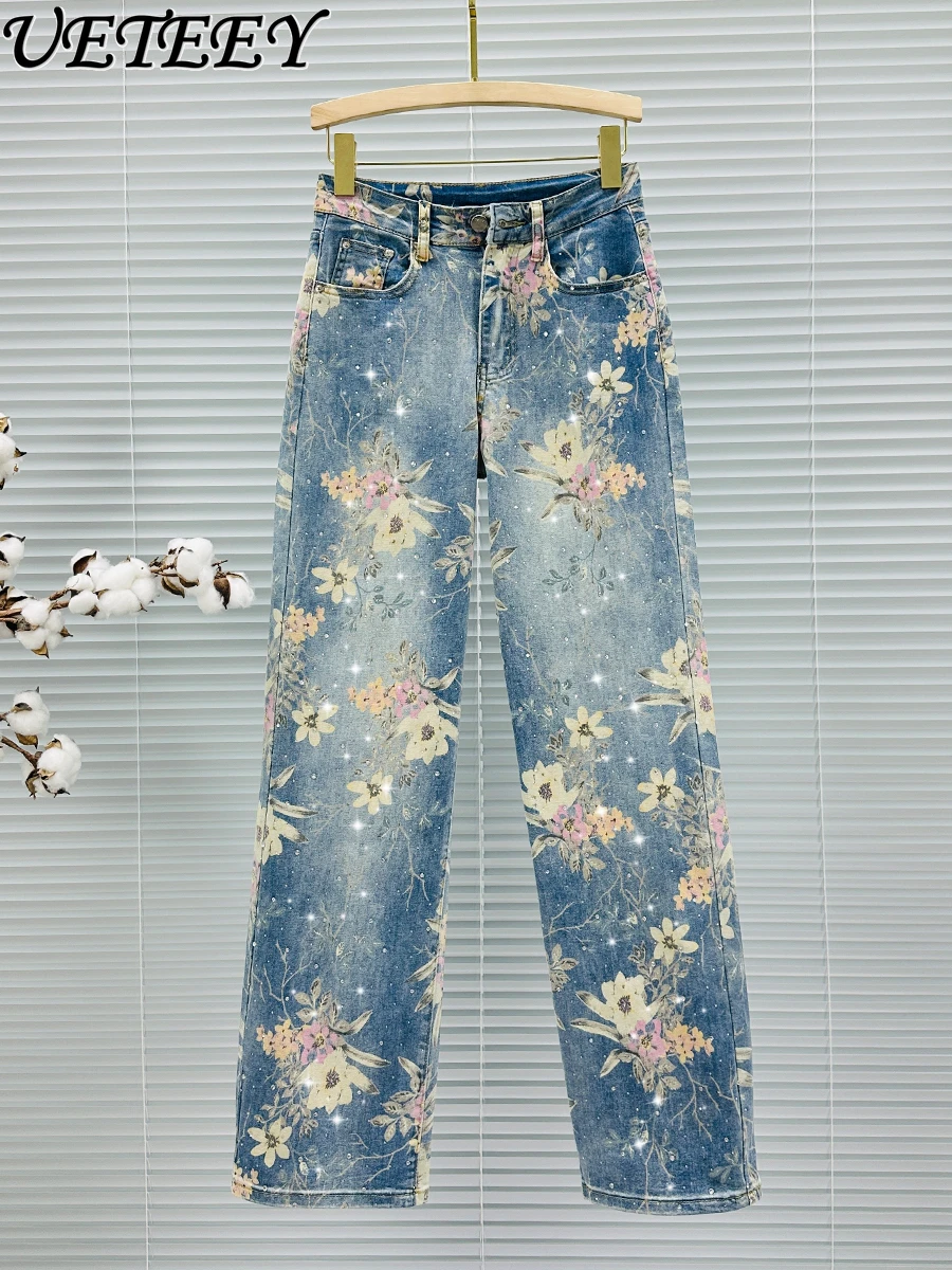 

Fashion Pantalons Printed Rhinestones Mop Jeans Women Denim Pants 2024 Summer New High Waist Jeans Loose Baggy Wide Leg Trousers