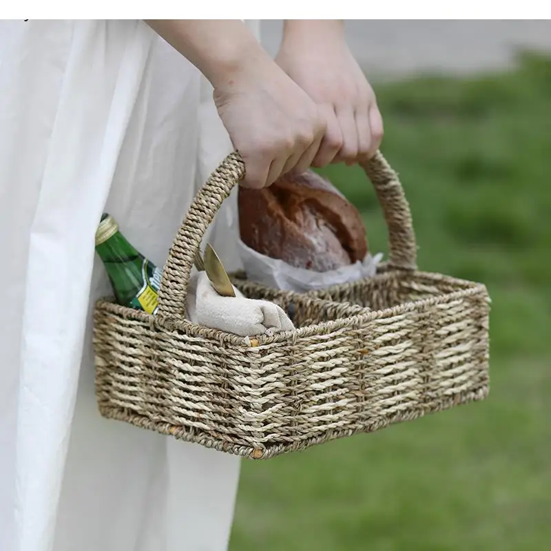 Rattan Fruit Basket Handle Picnic Dining Table Bread Kitchen Separate Sundries Storage