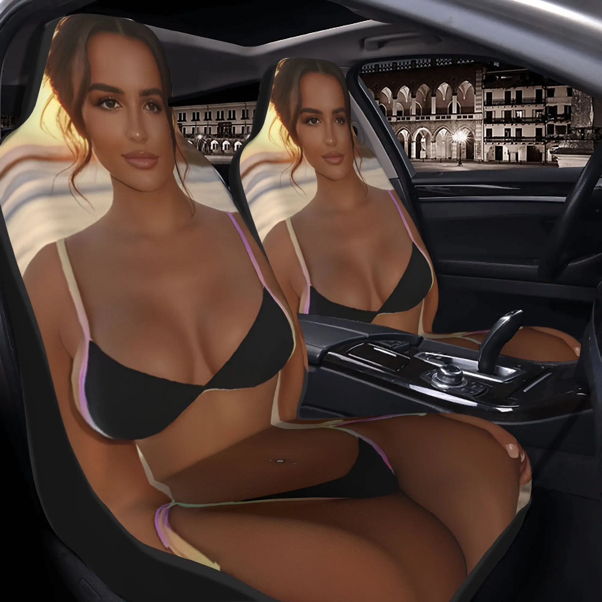 2pcs Sunset Serenity: Stunning Beach Beauty In Colorful Bikini Enjoying Coastal Vibes At Dusk Car Seat Covers, Suitable For All