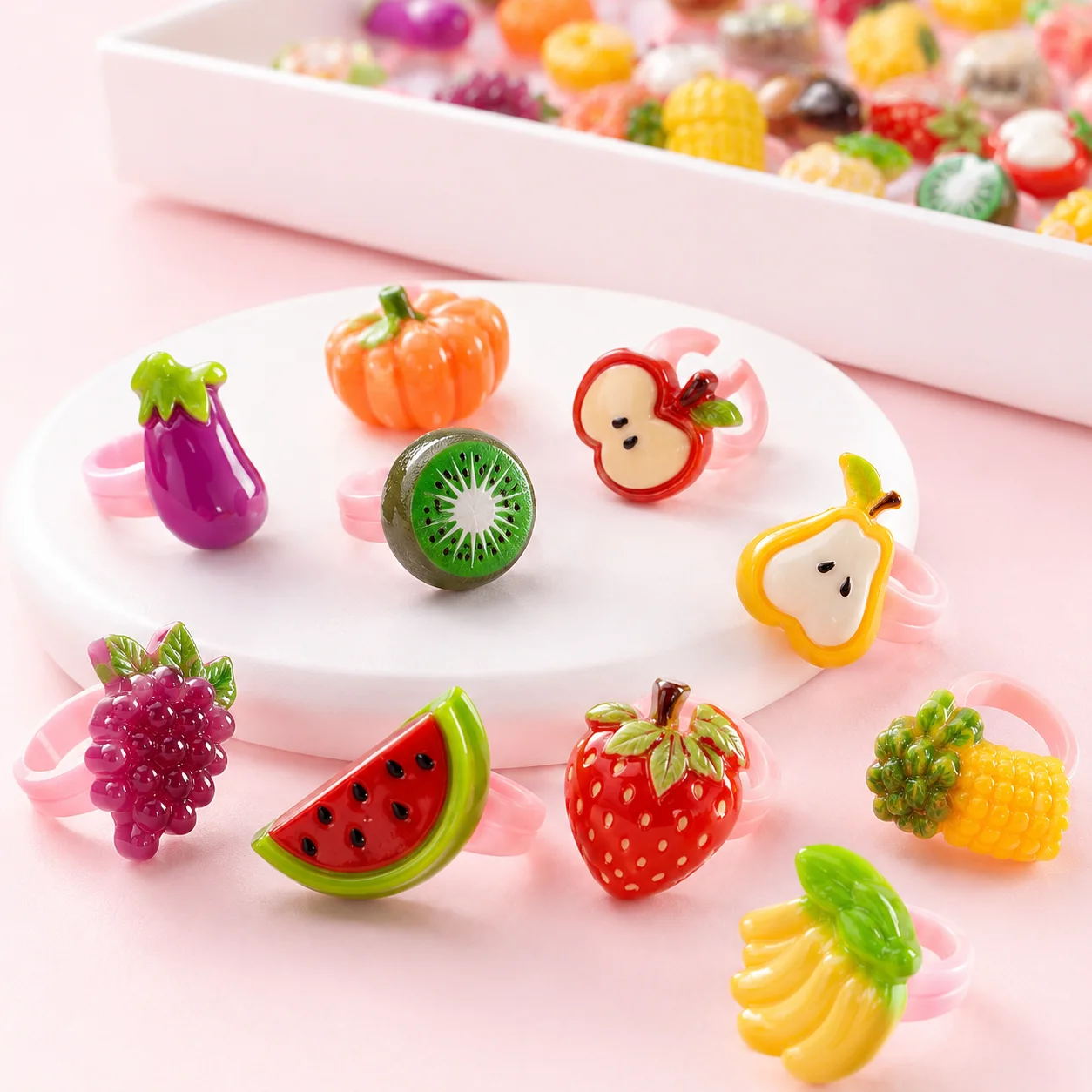100pcsKids Adjustable Fruit Vegetable Rings Wholesale Cute Cartoon Resin Jewelry for Girls Boys Birthday Party Favors Goodie