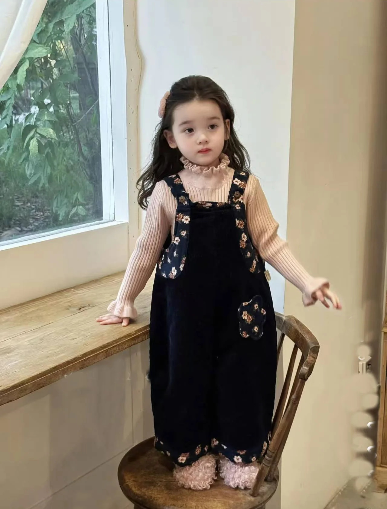 Autumn Winter Warm Baby and Girls Stylish Cotton Floral Suspenders Pants Kids Corduroy Trousers Children Outfit Bottoms 1-8Years