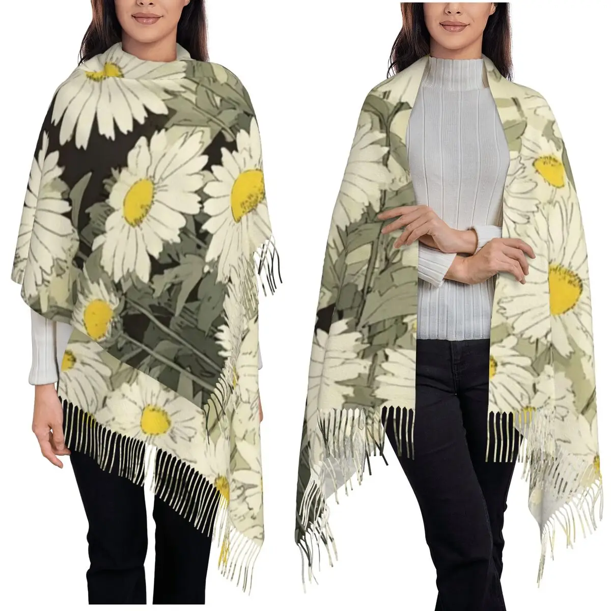Halloween Black Cat And Daisy Pattern Scarf Tassel Scarves Women Soft Warm Shawls and Wraps Long Fall Winter Shawl Wrap