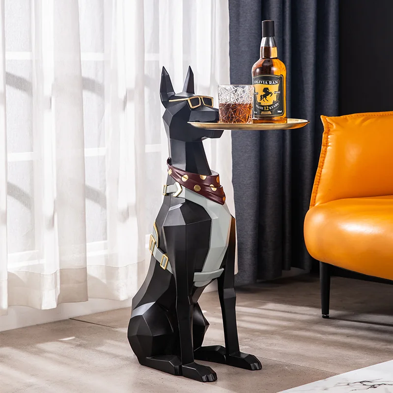 Resin Art Dog Statue Butler with Tray for Keys Jewelry Holder Doberman Pinscher Sculptures Living Room Decoration Table Ornament