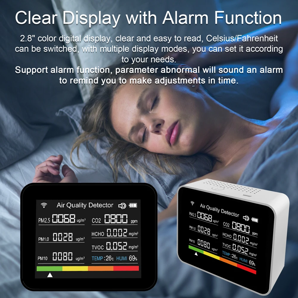 13 w 1 Tuya WIFI detektor jakości powietrza CO2/TVOC/HCHO/PM2.5/PM1.0/PM10/temperatura/wilgotność/czas/data/Alarm/minutnik/stoper miernik