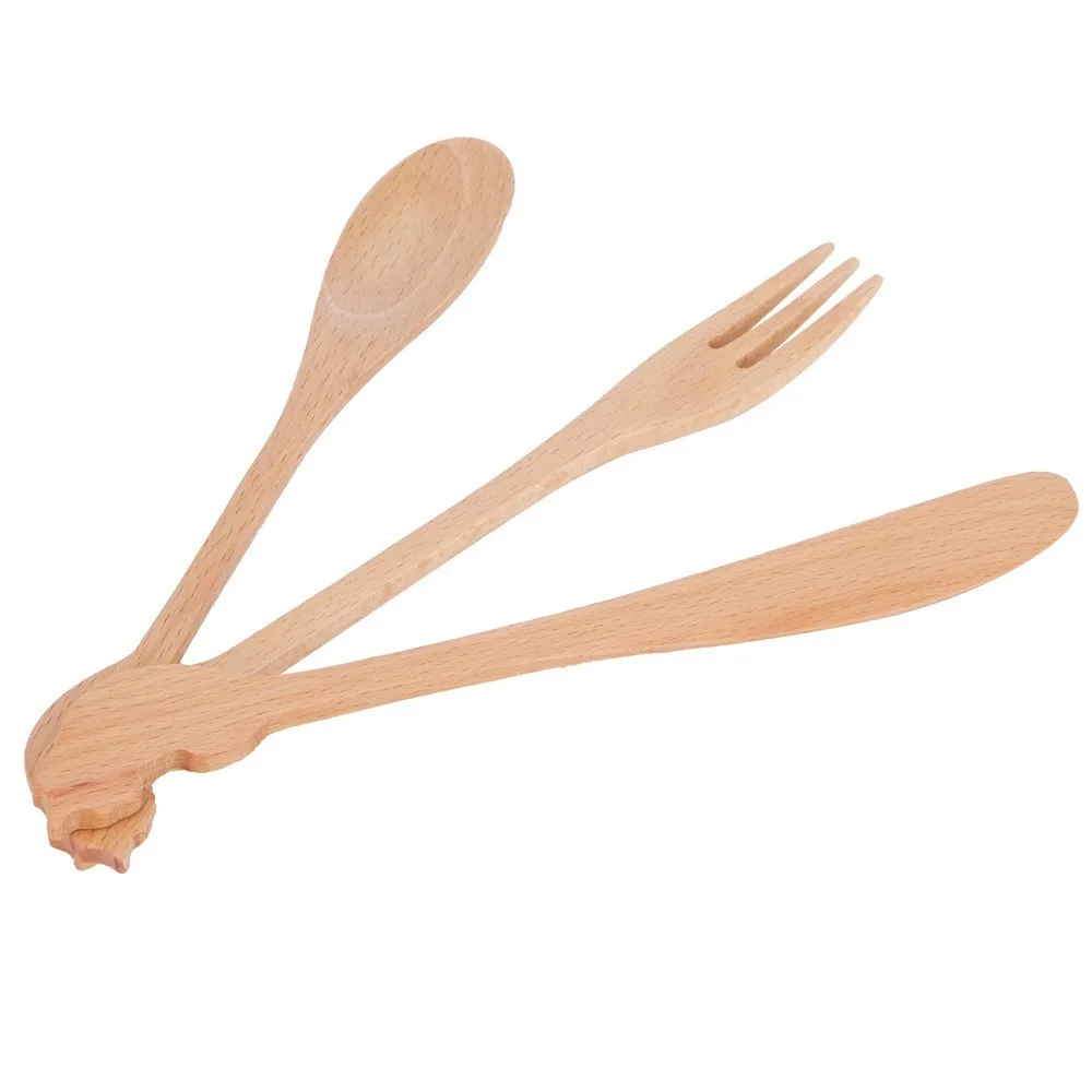 3Pcs Solid Wood Tableware Set Wood Grain Texture Rounded Smooth Dining Kit Lovely Cat Multi Pieces Combined Utensil Pack