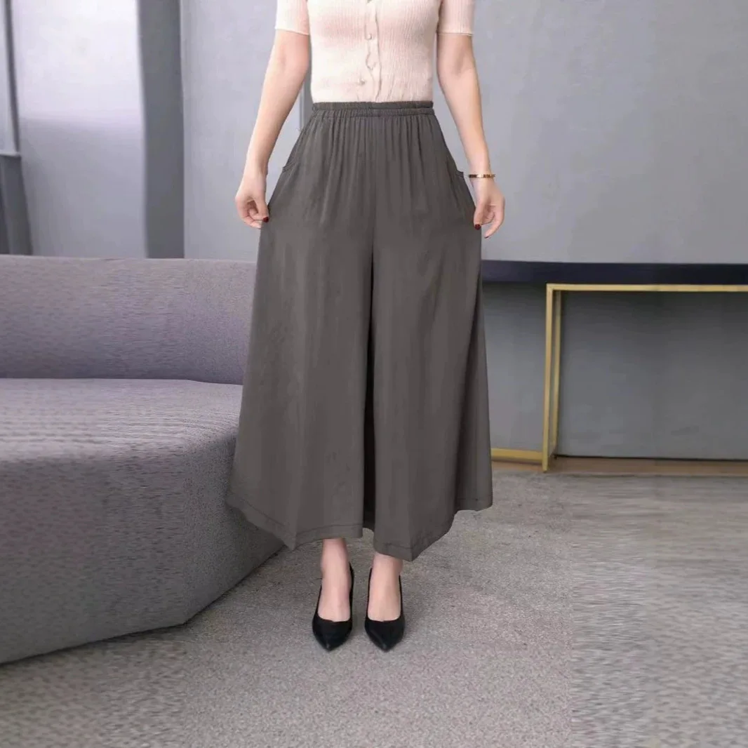 Loose Wide Leg Pants Korean Japanese Style Nine Points Big Size Mom Clothes Elastic Waist Summer Trendy Middle-Aged And Elderly
