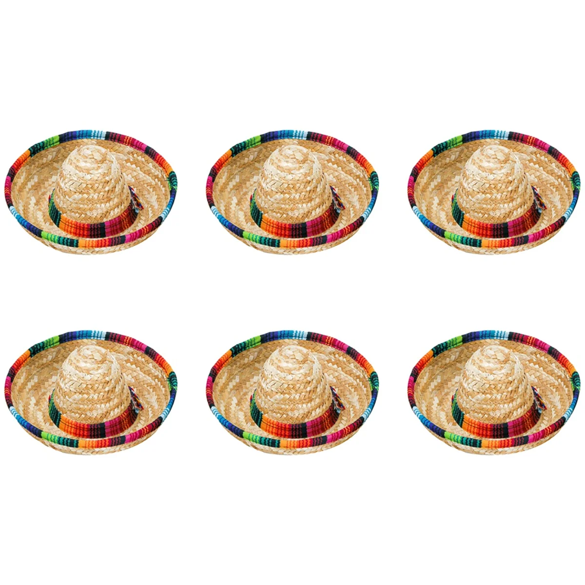 Lo-ok 6 Pack Small Sombrero Hats, 6.5 Inch Natural Straw Hats Sombrero Party Hats Dolls Pets Themed Party Decoration Supplies