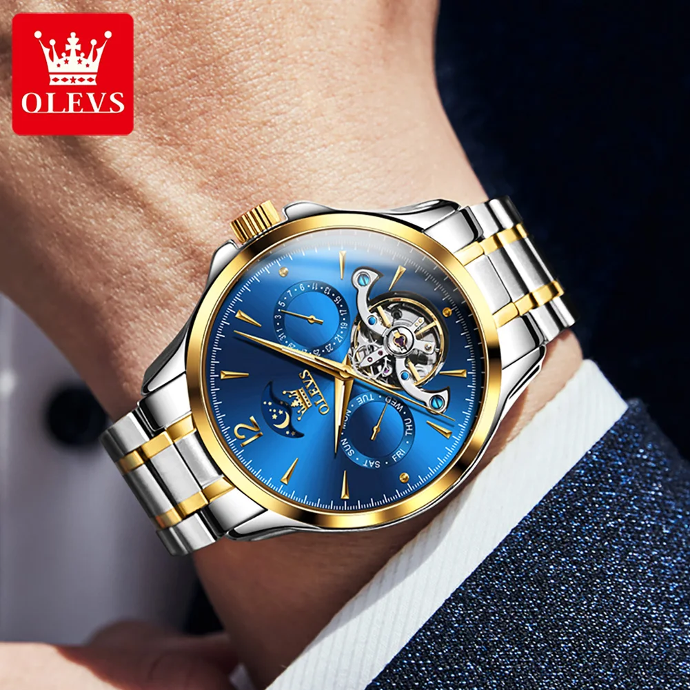 OLEVS Men Watches Mechanical Luxury Waterproof Moon Phase Date Skeleton Stainless steel Leather Strap Automatic Men\'s Watch