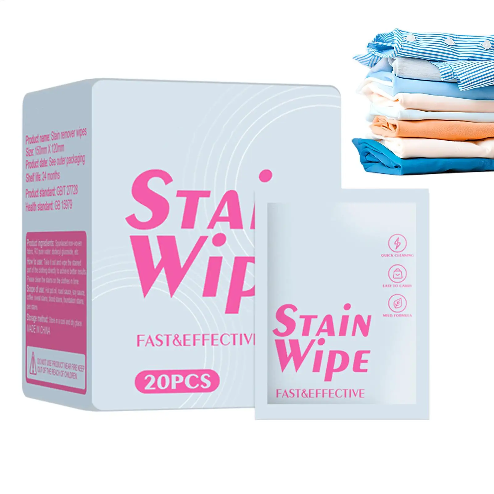 20 Pcs Stain Removing Wipes, Individually Wrapped No Rinse Cleaning Sheets, Portable Laundry Stain Remover for Clothes Travel