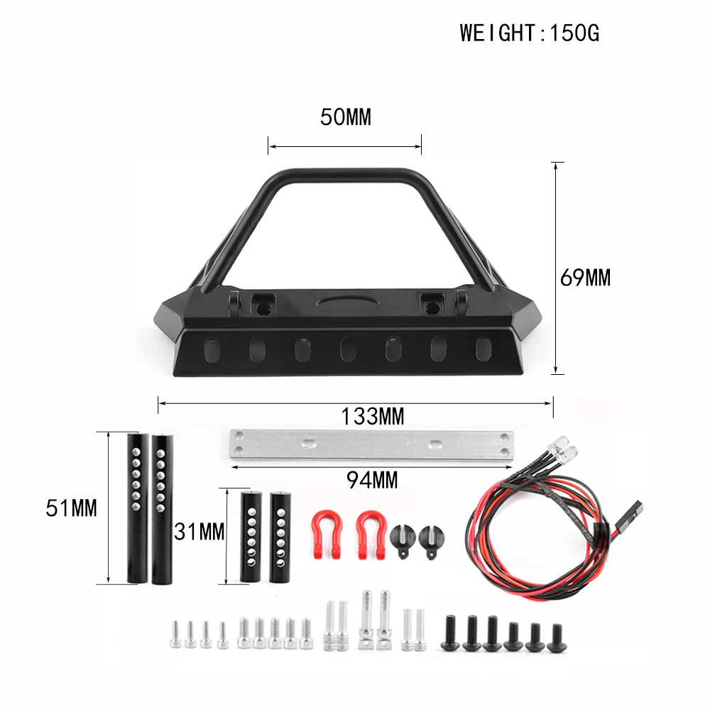 1/10 RC Crawler Metall-Frontstoßstange mit LED-Leuchten, Upgrade-Teile für TRX4 Defender Axial SCX10 90046 SCX10 III