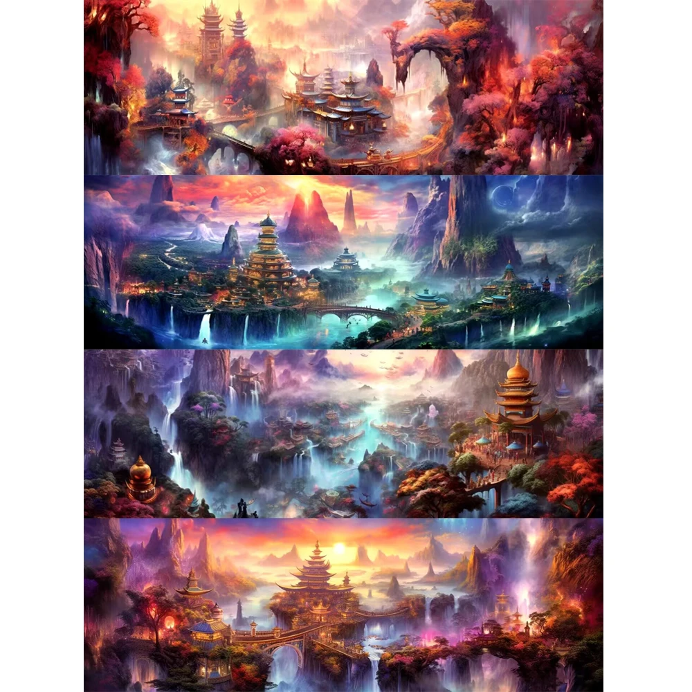 Mysterious Wonderland Large 5D Diy Diamond Painting Cross Stitch Waterfall Foggy Hill Temple Full Rhinestone Mosaic Embroidery