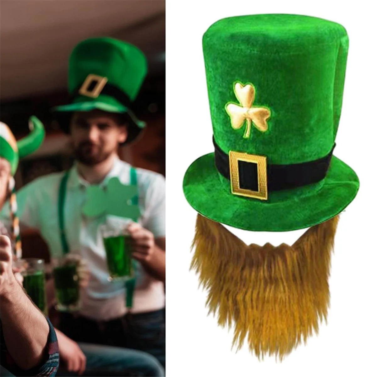 Pria St. Patricks Day Hijau Shamrock Leprechaun topi dengan dekorasi jenggot kostum jenggot dan kumis