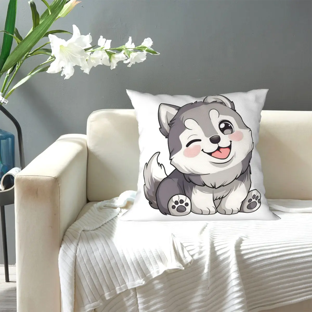 Cute Winking Kawaii Husky Square Pillowcase Pillow Cover Cushion Decor Comfort Throw Pillow for Home Bedroom