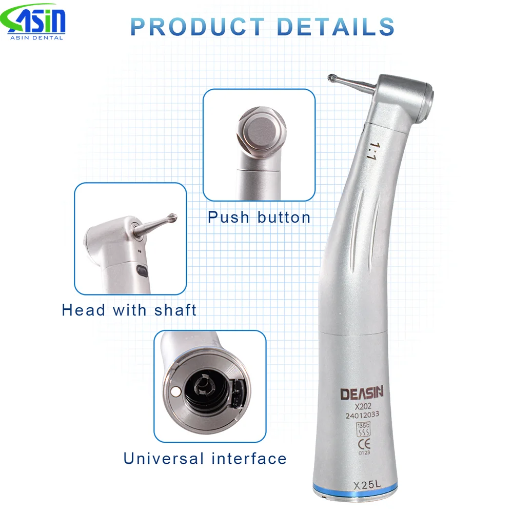 DEASIN Dental 1:1 LED Fiber Optic Blue Ring Low Speed Handpiece Internal Water Spray X25L Contra Angle Push Button Chuck