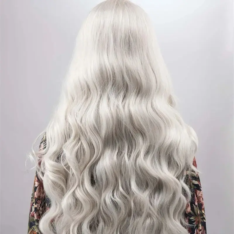 Platinum Blonde Long Water Wave Wig Natural Hairline Daily Use Wig Synthetic Lace Front Wig Platinum Lace Hair Cosplay For Women