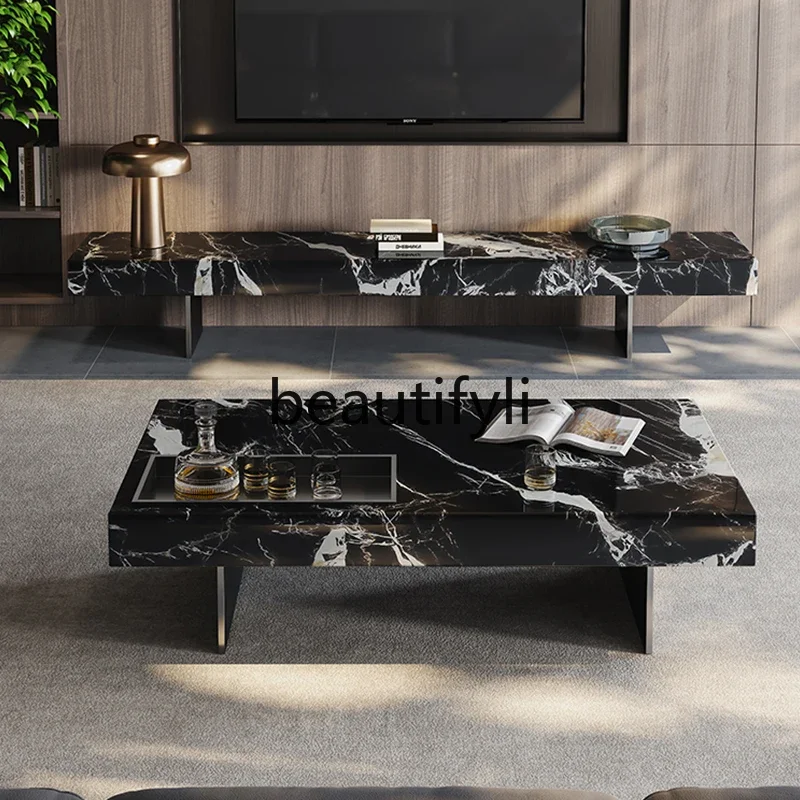 Living room natural luxury stone texture luxury coffee table modern TV cabinet combination