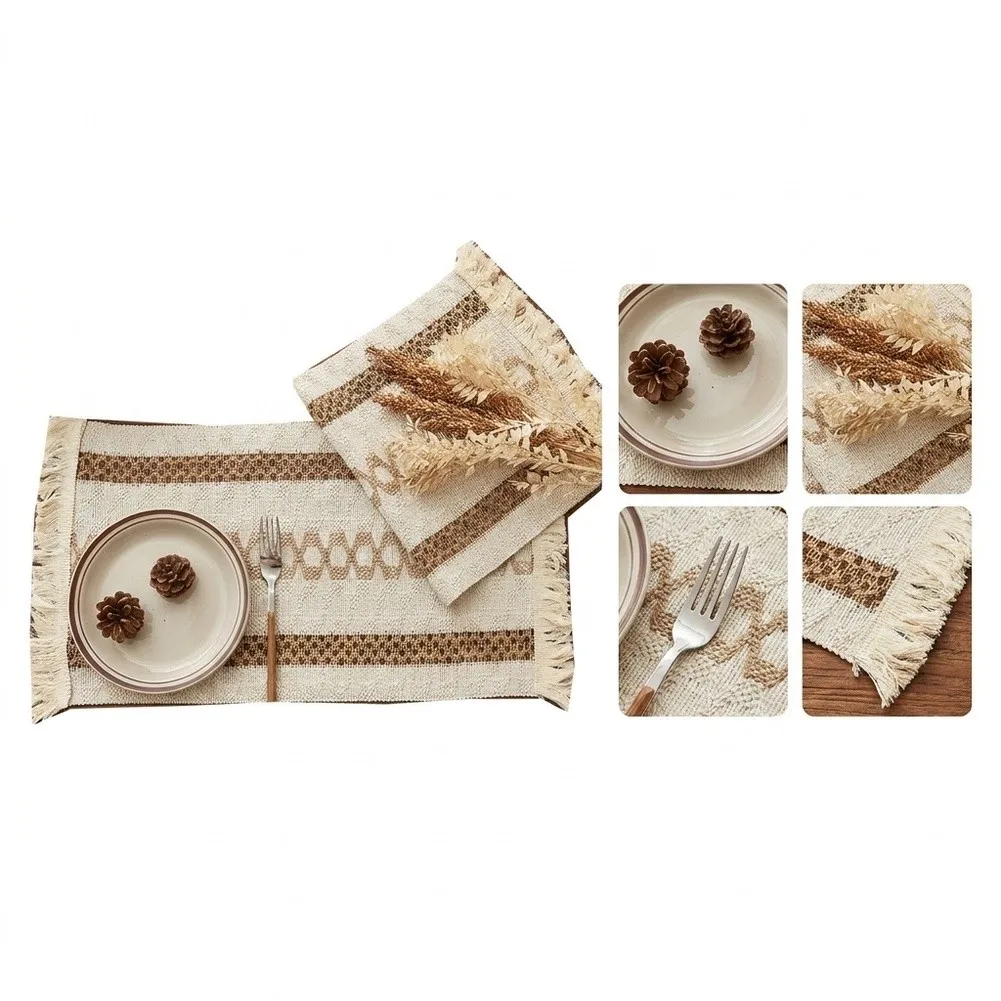 6 Linen Cotton Blend Table Mats with Woven Texture and Fringe Tassel Border for Consistent Table Setting Layout