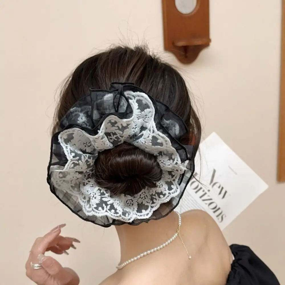 

French Style Lace Scrunchies Embroideried Temperament Women Hair Scrunchies Double Layer Ponytail Holder Oversized Hair Ropes