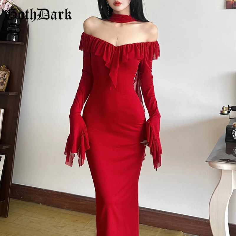 Goth Dark Christmas Party Outfits Fairycore Women Slash Neck Mesh Patchwork Ruffles Long Dress Y2K Fashion Slim Bodycon Dresses