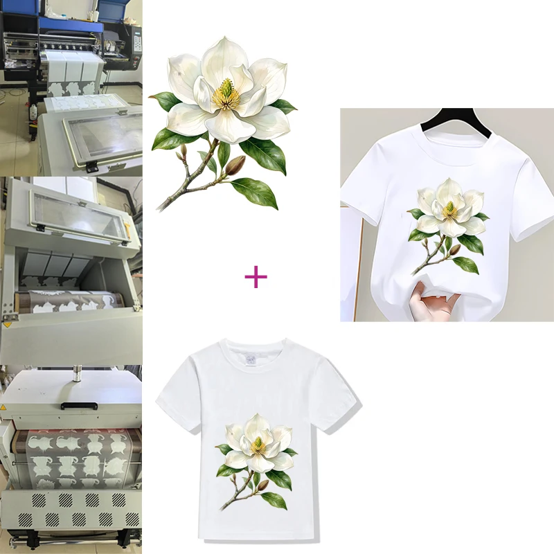 Watercolor White Magnolia blossom Iron on Patches For DIY Heat Transfer Clothes Thermal transfer stickers Decoration Printing