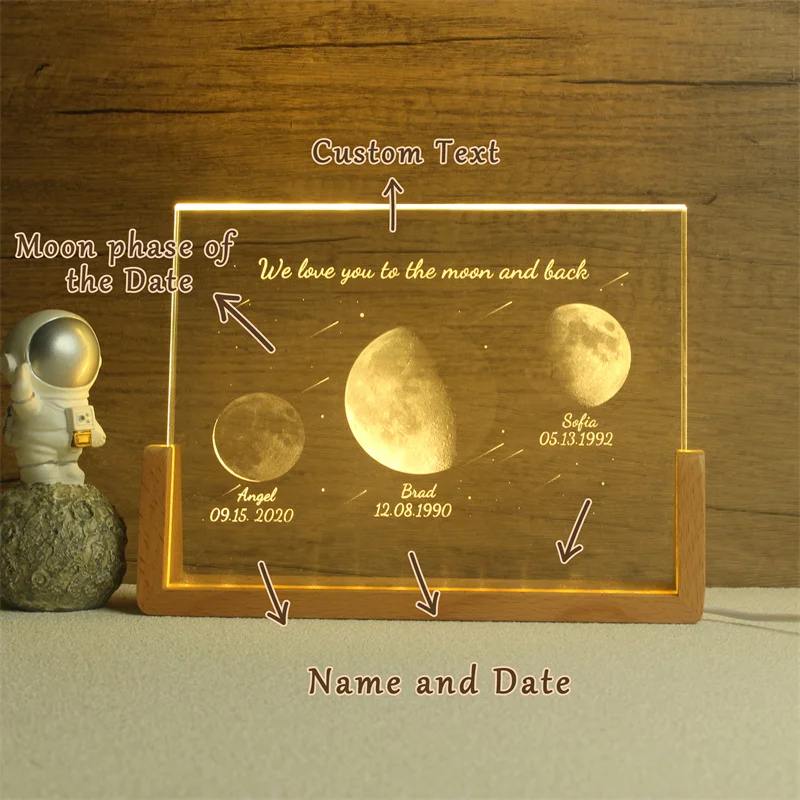 Personalized Moon Phase Crystal Lamp, Custom Moon Crystal Nightlight, The Night We Met, The Day You Were Born