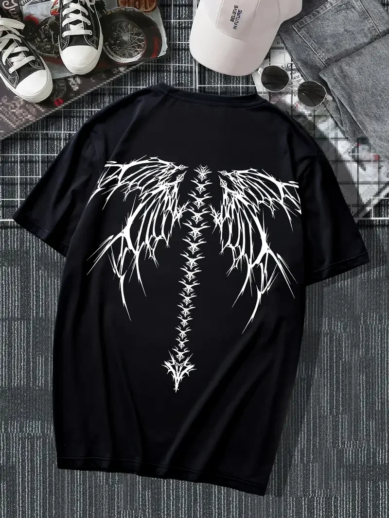 تي شيرت رجالي برقبة دائرية مطبوع عليه جناح العمود الفقري، تي شيرت صيفي رياضي خارجي بأكمام قصيرة كاجوال وأنيق #1
