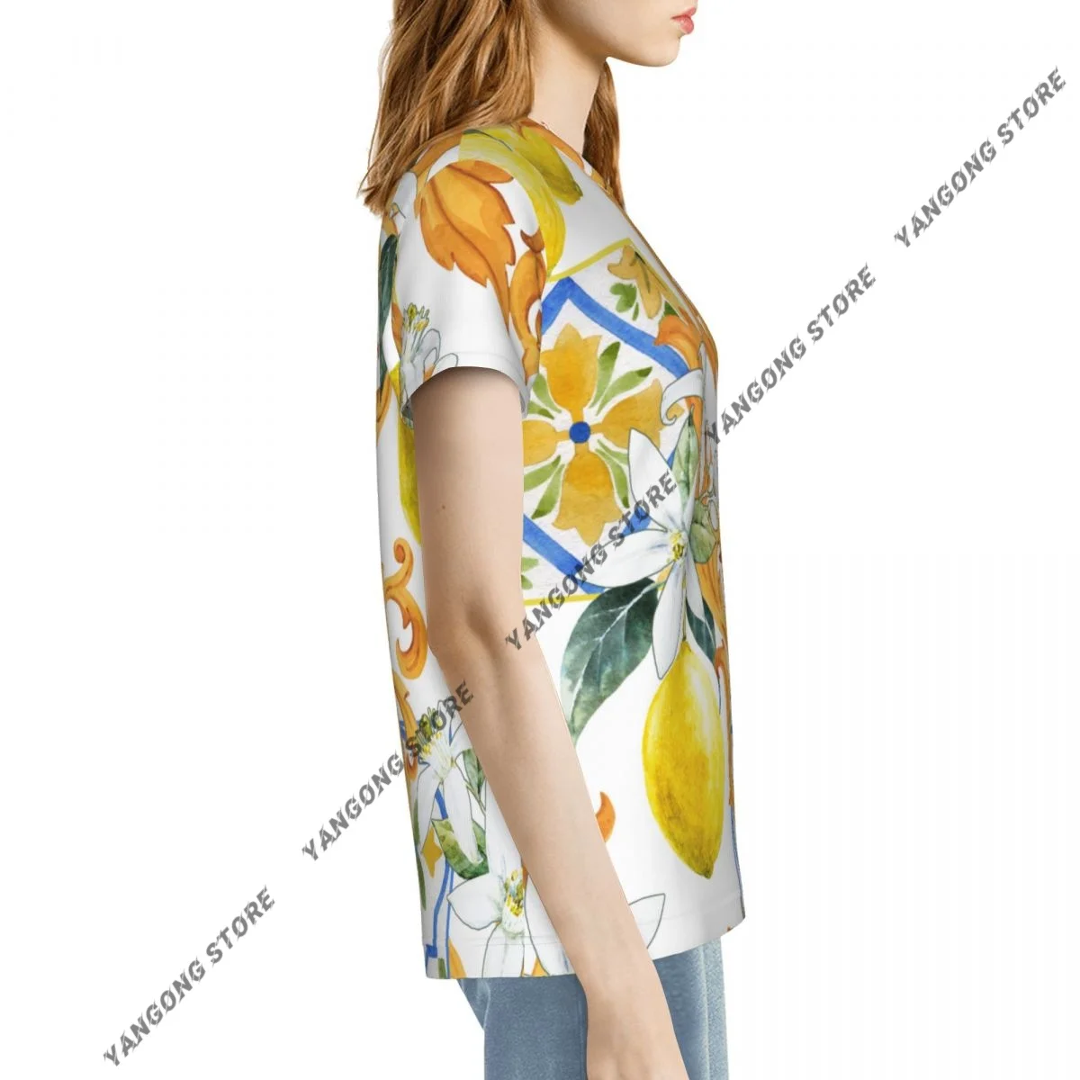 المرأة تي شيرت السيدات عادية الذهبي حرف واحد فقط وزهور الليمون الإناث تي شيرت قصيرة الأكمام تي شيرت الصيف رقيقة القمم
