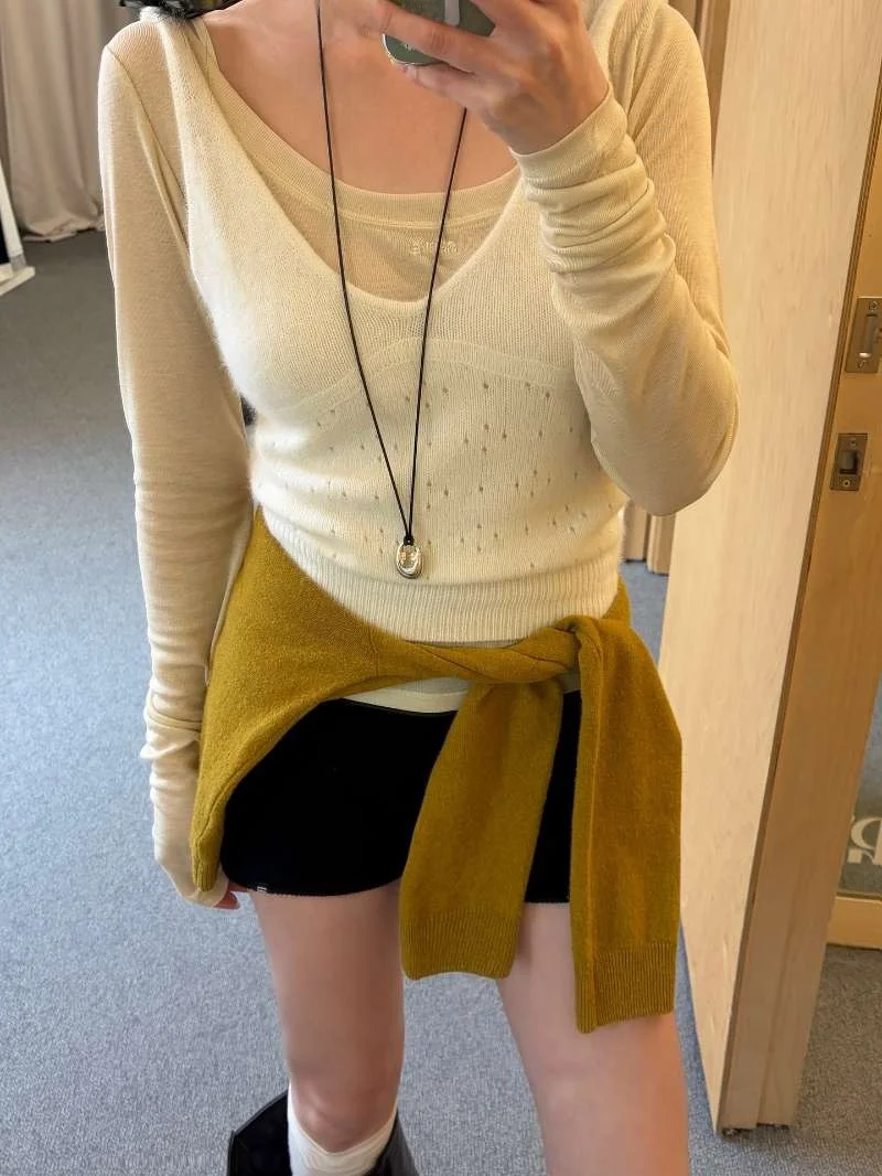 

Женская приталенная футболка с длинным рукавом, прозрачная, однотонная, с U-образным вырезом, для повседневной носки