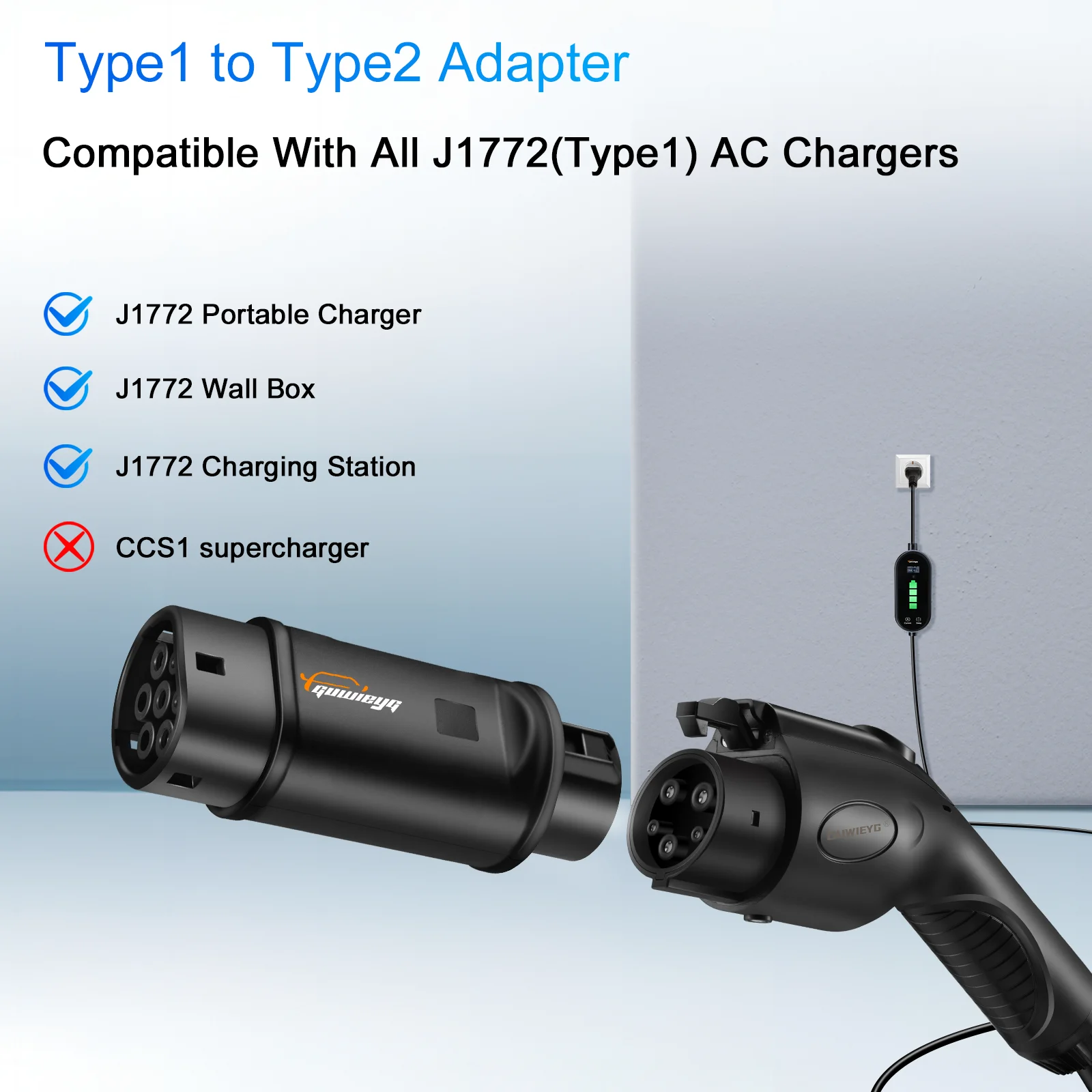 GUWIEYG EV Charger Adapter J1772 to IEC62196 Adapter Type1 to Type2 EV Adapter 32A 1Phase 7.2kw Max EV Charger Converter