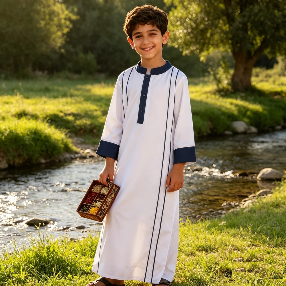 

Traditional Arab White Thobe Muslim Boys Eid Ramadan Ethnic Dress Kids Jubba Loose Modest Islam Prayer Clothing Djellaba Casual