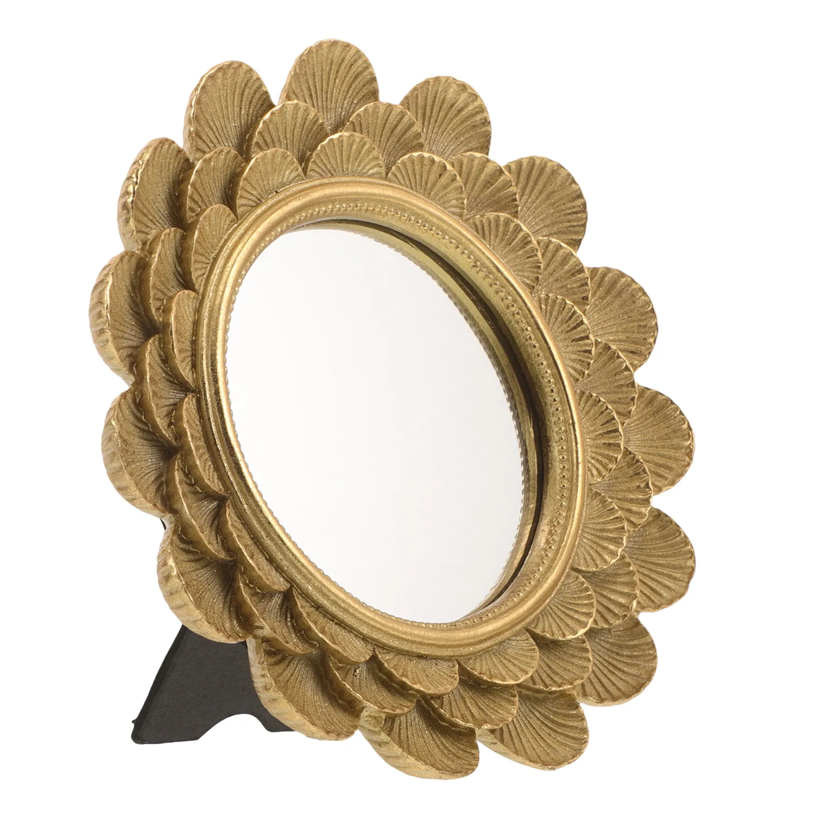 Vintage Round Table Makeup Mirror Desktop 18Cm Gold Tone Embossed Floral Frame Compact Vanity Mirror for Bedroom and Dormitory