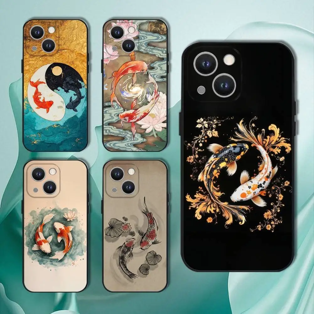 

Koi Carp Fish Yin Yang Phone Case For iPhone 17,16,15,14,13,12,11,Pro,XS,Max,XR,Plus,E,SE4,Mini Black Soft Cover